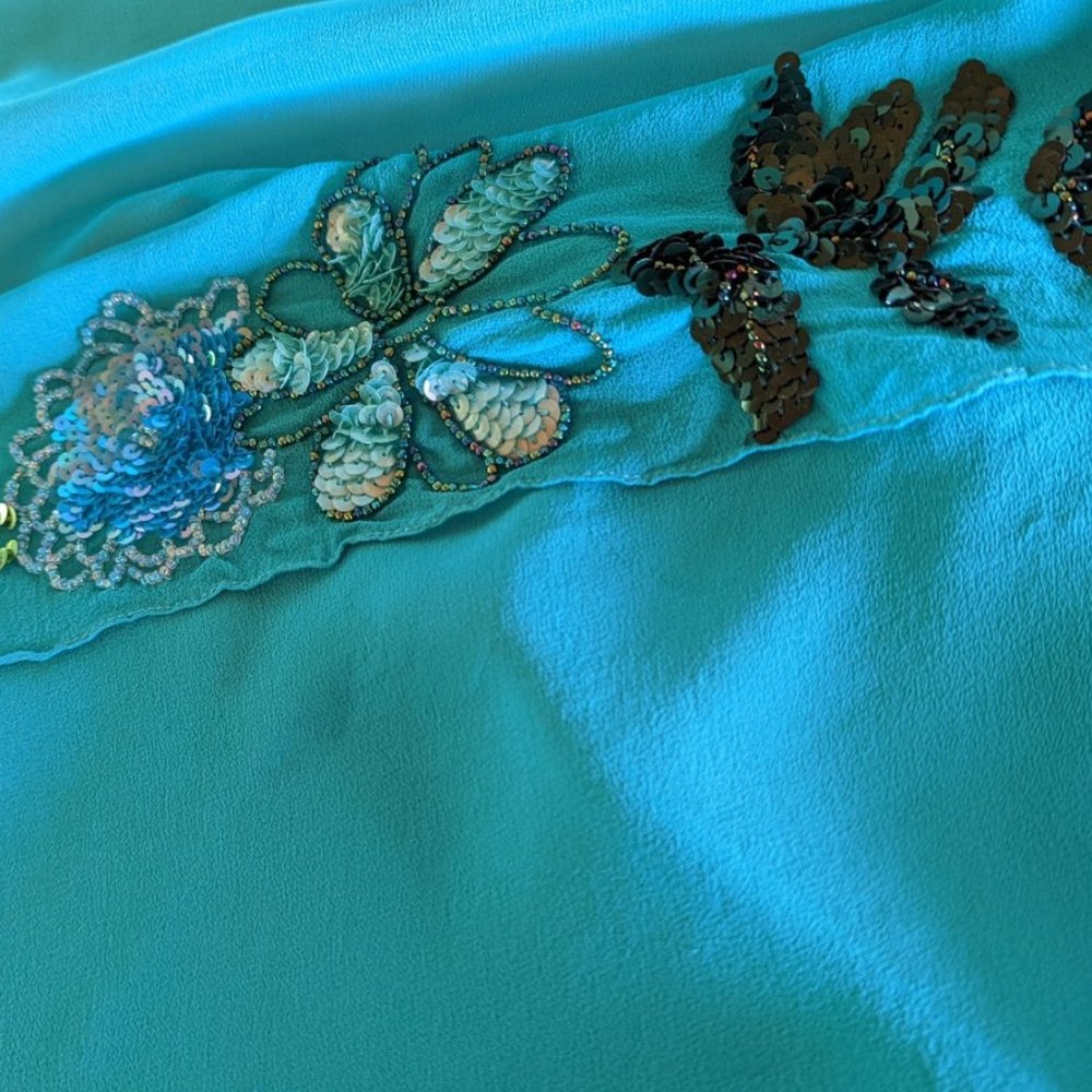 Sue Wong turquoise silk scarf with embroidery and sequins